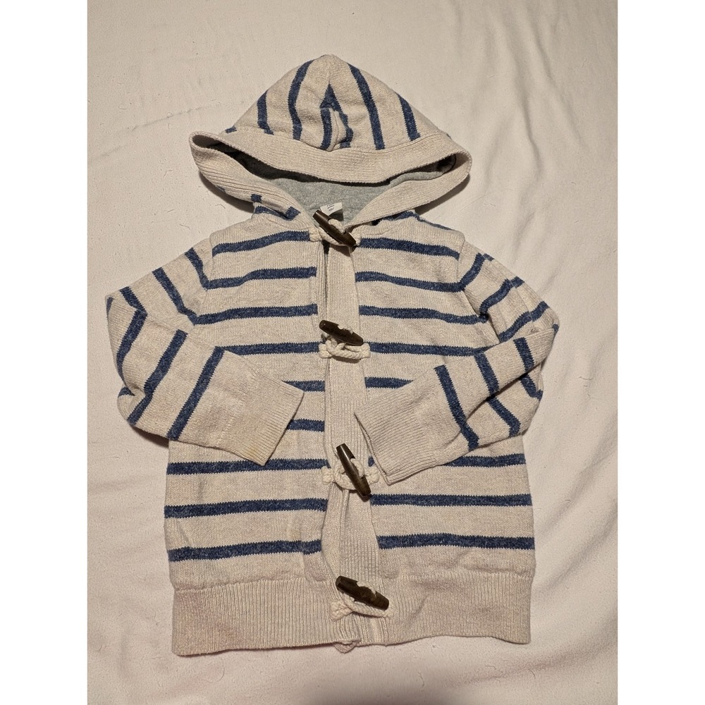 Baby Gap Toddler Boy Striped Hooded Toggle Cardigan Sweater Cream Blue 3T